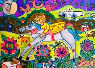 Vibrant folk art girl riding horse through colorful landscape by Robbin Robertson