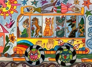 Colorful folk art decorated bus with animals by Robbin Robertson